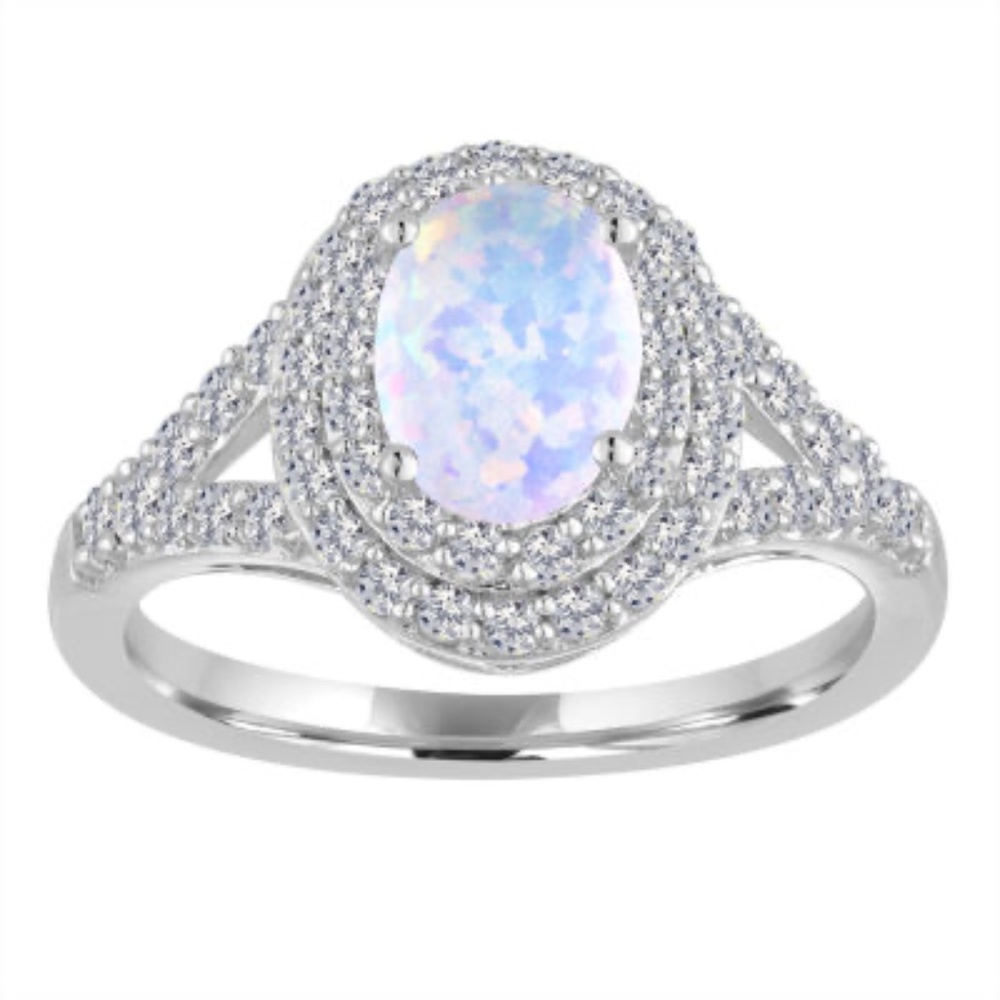 LabCreated Opal LabCreated White Sapphire Double Halo Ring in Sterling Silver